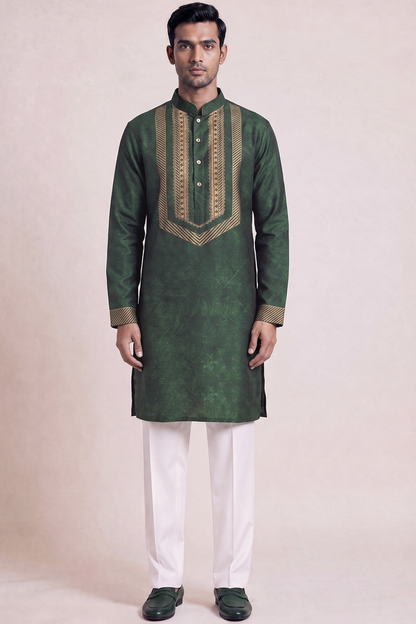 Olive Green Ornate Silk Kurta