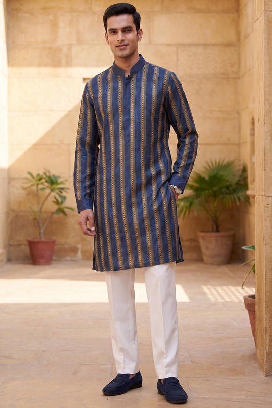 Blue Linear Silk Kurta