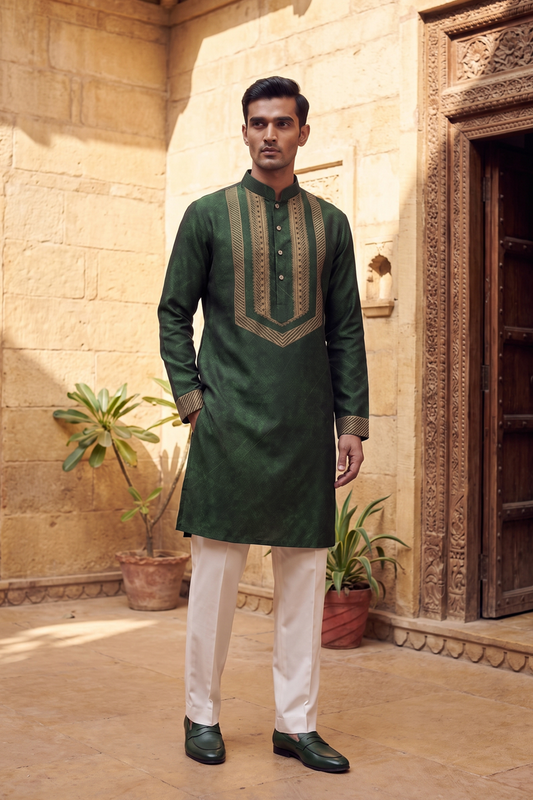 Olive Green Ornate Silk Kurta