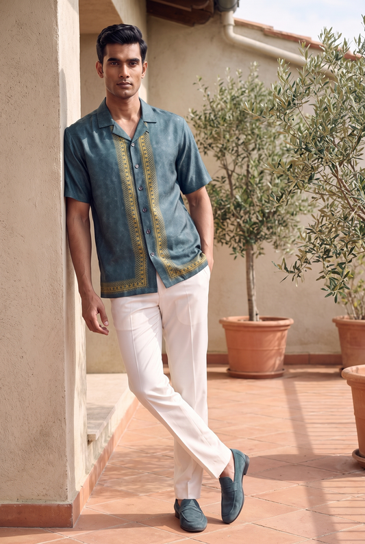 Teal Regal Silk Cuban Collar Shirt