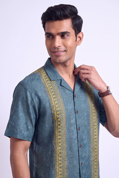 Teal Linear SIlk Cuban Collar Shirt