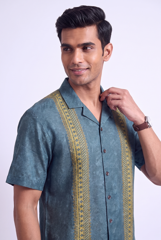 Teal Linear SIlk Cuban Collar Shirt