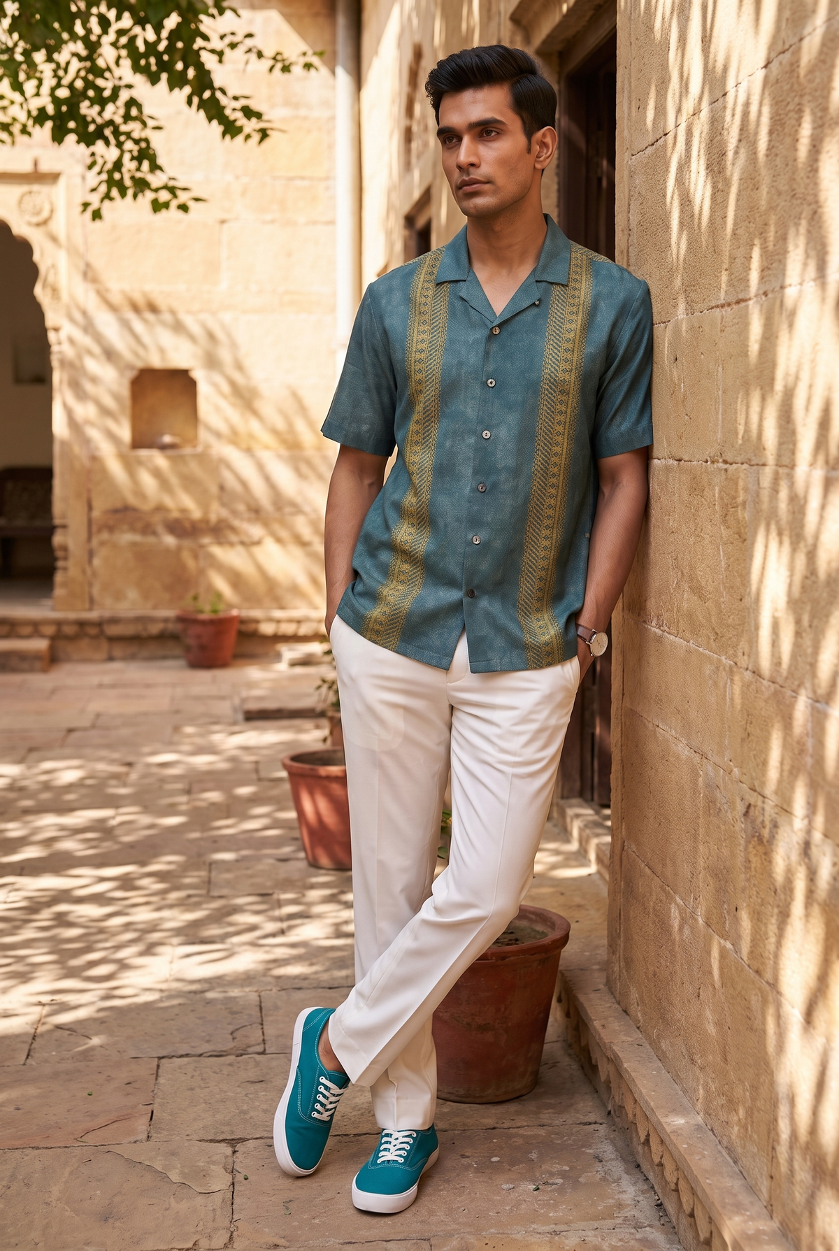 Teal Linear SIlk Cuban Collar Shirt