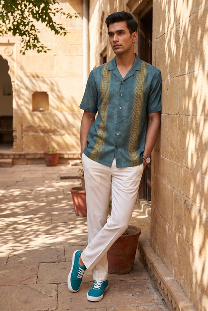 Teal Linear SIlk Cuban Collar Shirt