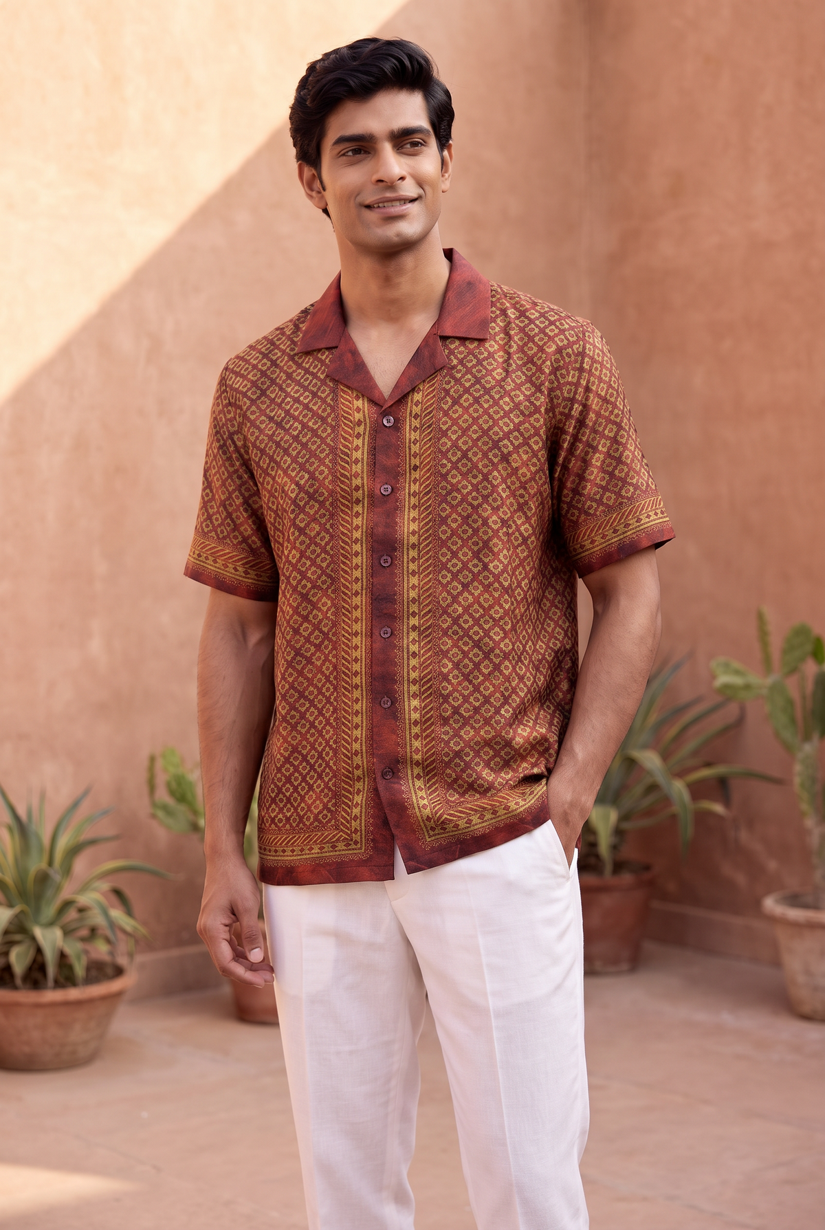 Maroon Mosiac Silk Cuban Collar Shirt