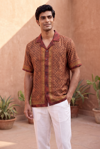 Maroon Mosiac Silk Cuban Collar Shirt