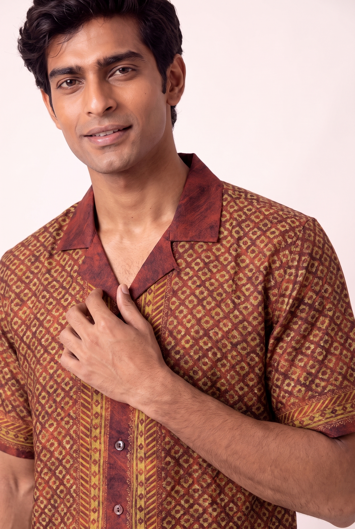 Maroon Mosiac Silk Cuban Collar Shirt
