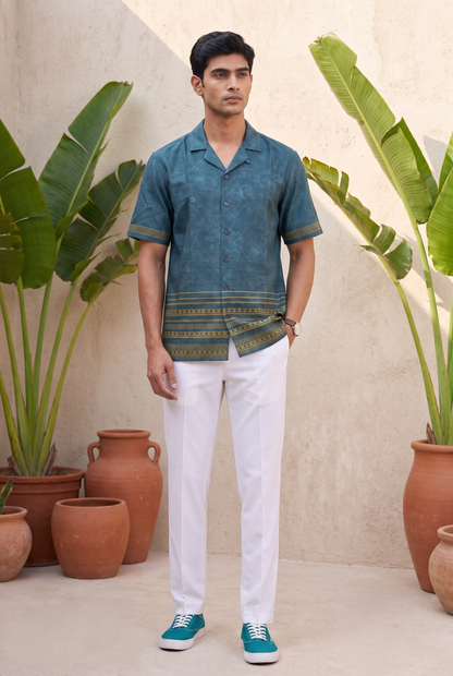 Teal Heritage Silk Cuban Collar Shirt
