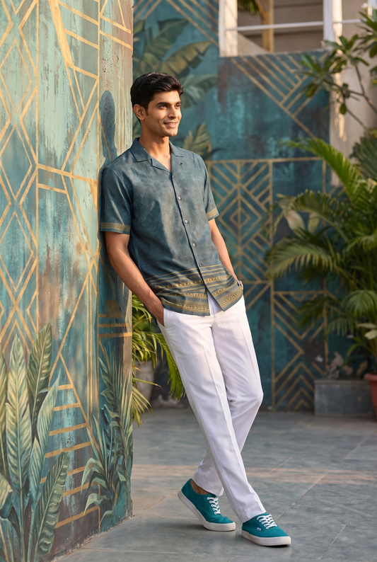 Teal Heritage Silk Cuban Collar Shirt
