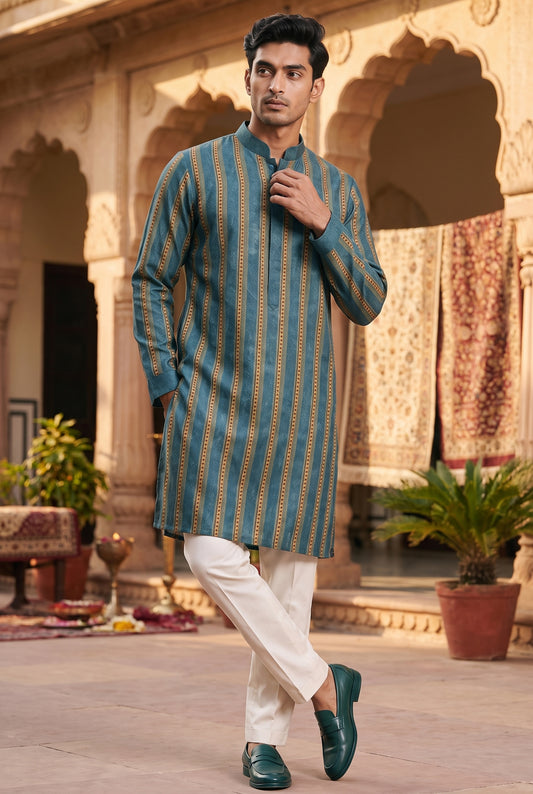 Teal Linear Silk Kurta