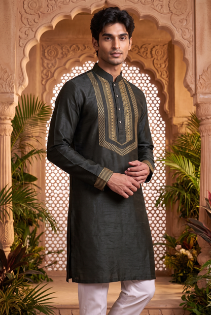 Black Ornate Silk Kurta