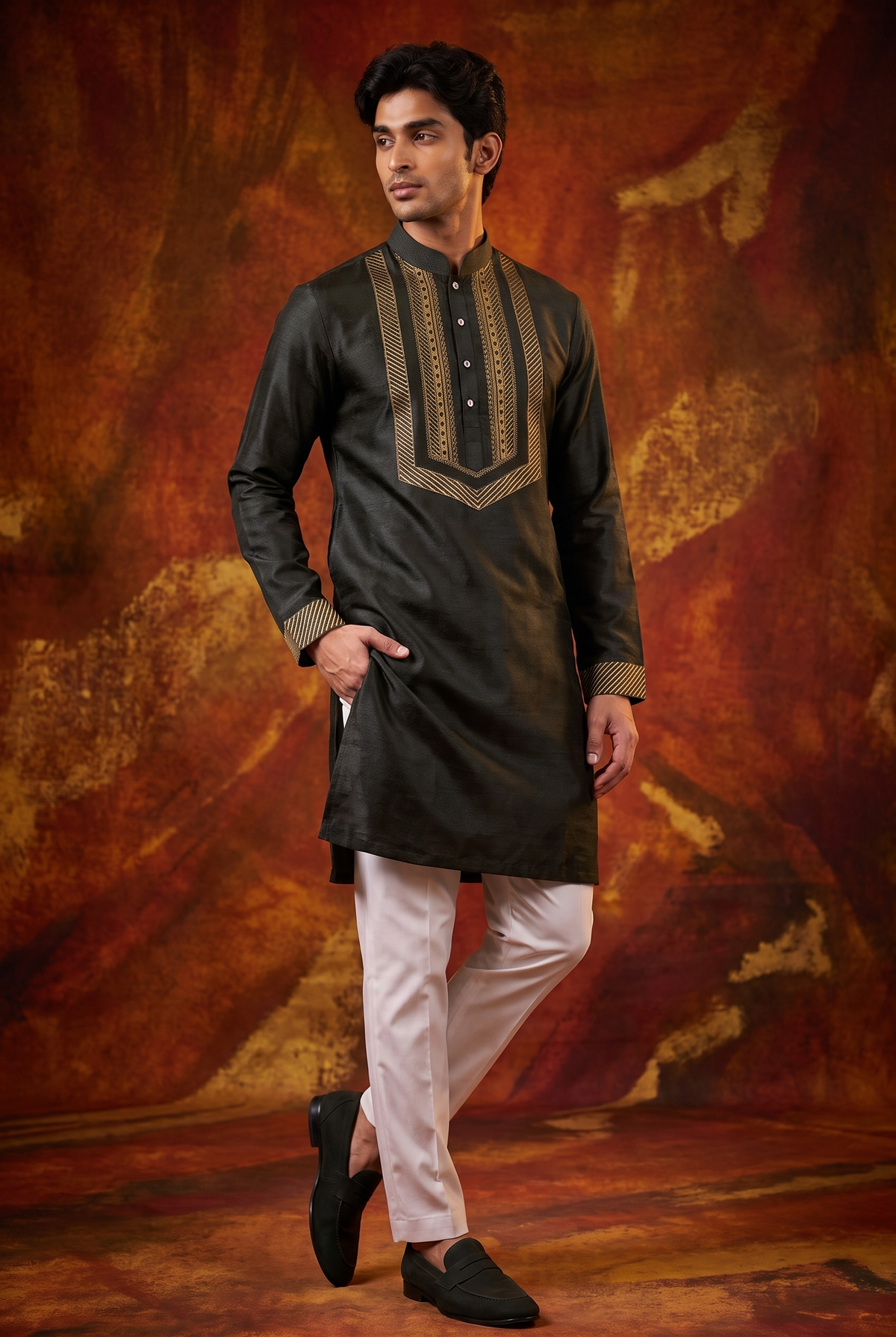 Black Ornate Silk Kurta