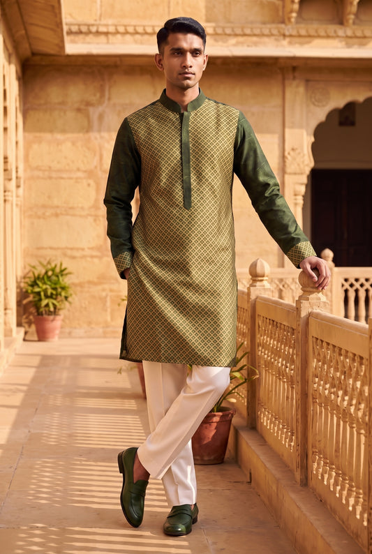 Olive Green Mosiac Silk Kurta