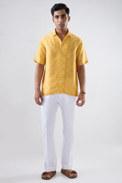 Yellow Bandhani Cuban Collar Shirt