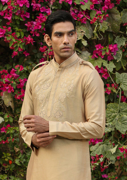 Beige Applique Embroidered Silk Kurta