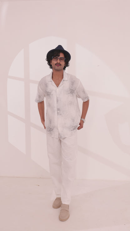 White Linen Tencel Ecoprint Cuban Collar Shirt