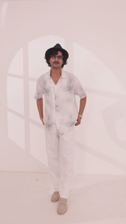 White Linen Tencel Ecoprint Cuban Collar Shirt