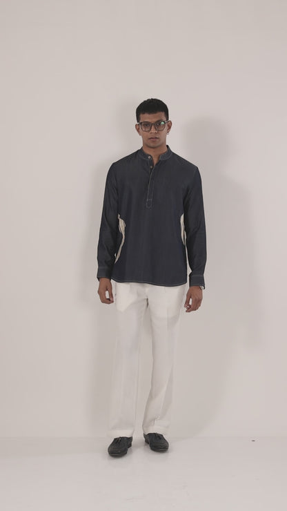 Dark Blue Denim Asymmetric Patchwork Kurta Shirt