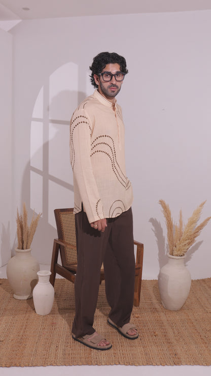 Beige Abstract Bandhani Cuban Kurta Shirt