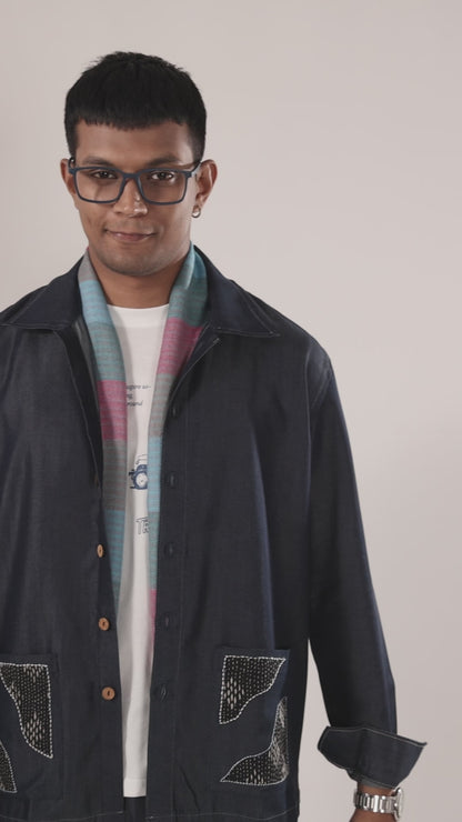 Dark Blue Denim Artisanal Kantha Patchwork Shacket