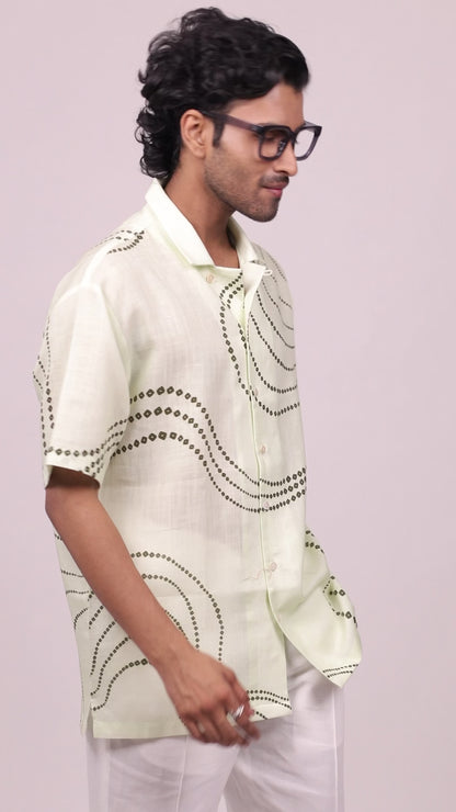 Green Abstract Bandhai Cuban Collar Shirt