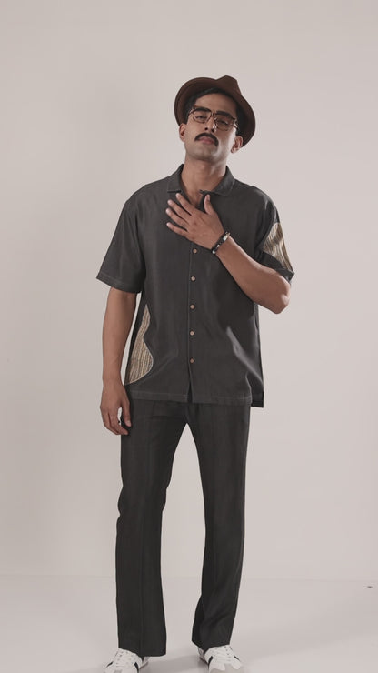 Black Denim Artisanal Patchwork Shirt