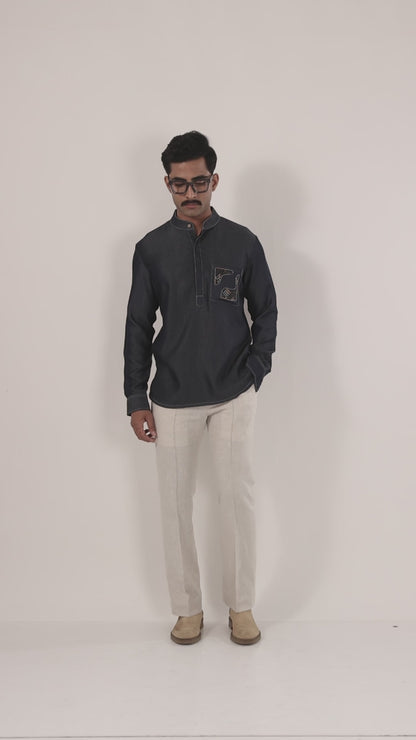 Dark Blue Denim Kantha Pocket Patchwork Kurta Shirt