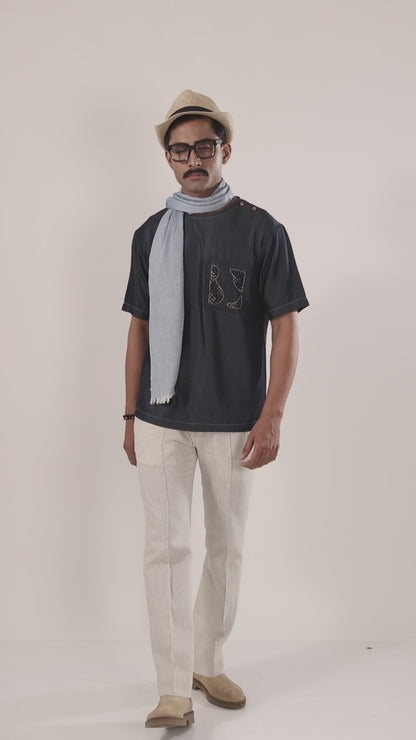 Dark Blue Denim Kantha Patch Pocket T-shirt