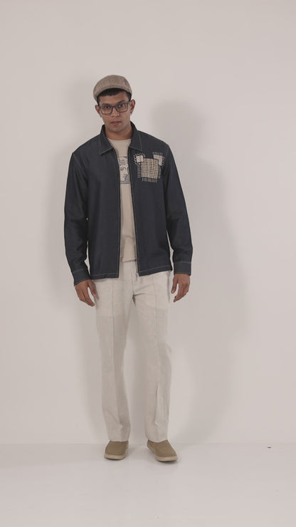 Dark Blue Denim Midnight Mosaic Zipper Patchwork Shacket