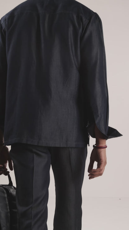 Dark Blue Denim Rust Panel Patchwork Shacket