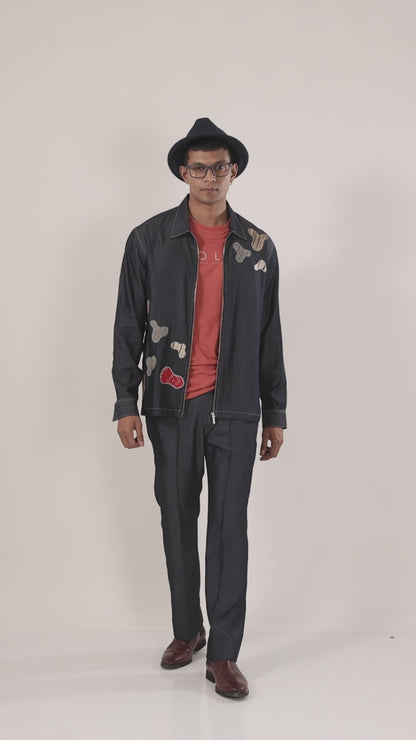 Dark Blue Denim Grid Zipper Patchwork Shacket