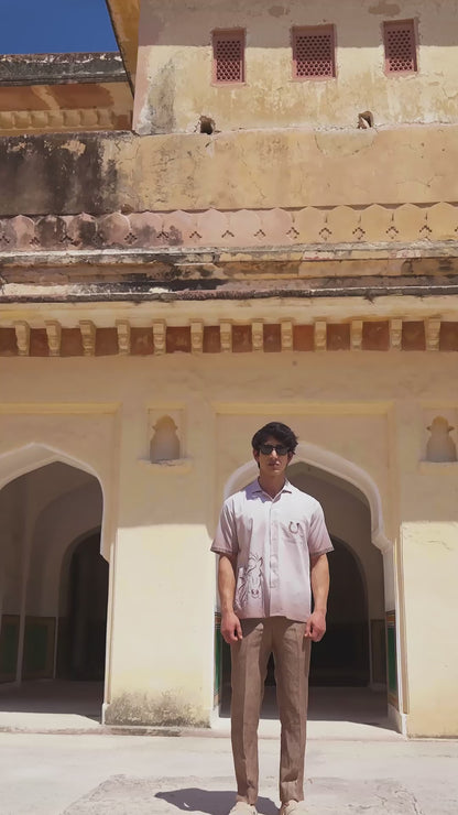 Light Brown Embroidered Cuban Collar Shirt Horse