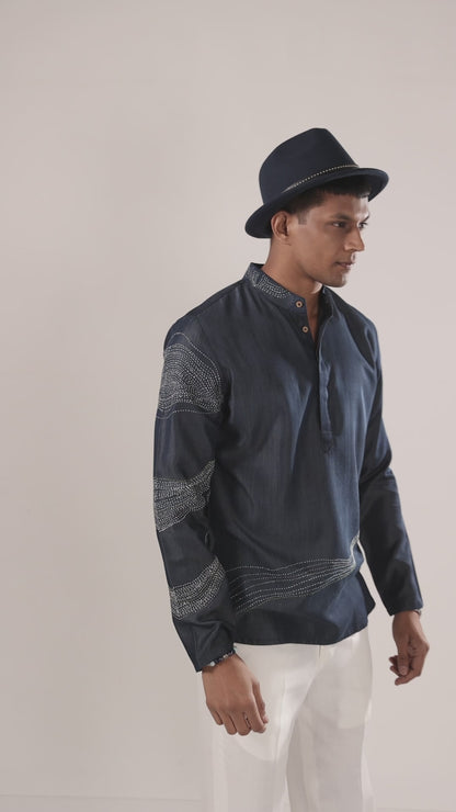 Kantha Blue Embroidered Kurta Shirt