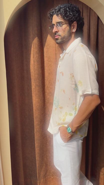 Ivory Abstract Ecoprint Cuban Collar Shirt
