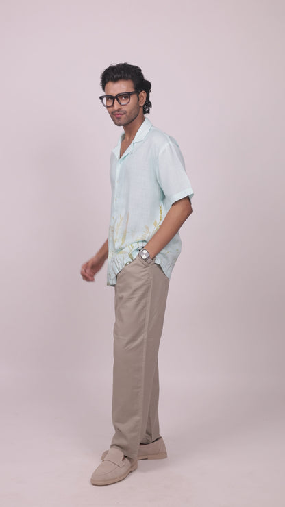 Sky Blue Linen Tencel Ecoprint Cuban Collar Shirt