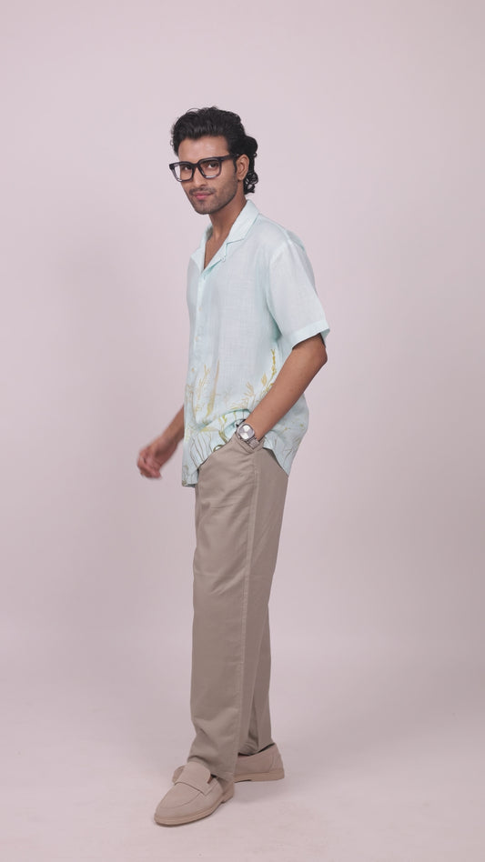 Sky Blue Linen Tencel Ecoprint Cuban Collar Shirt