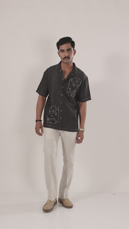 Black Denim Kantha Patchwork Shirt