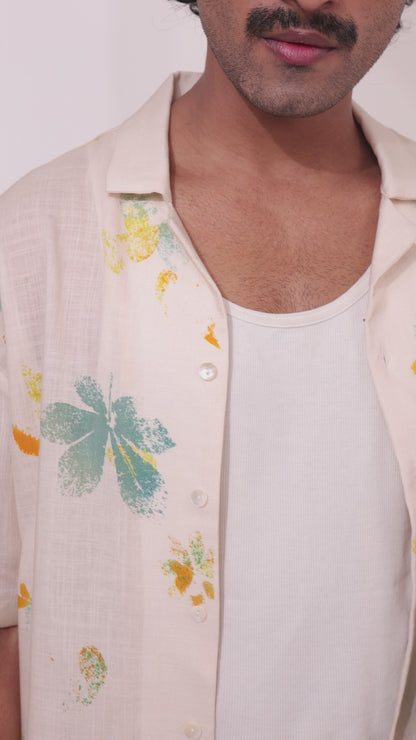 Ivory Linen Tencel Abstract Ecoprint Cuban Collar Shirt