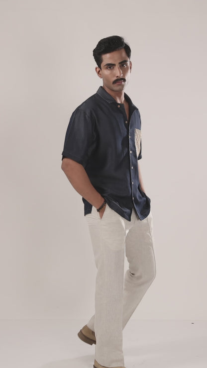 Dark Blue Denim Earth Patchwork Shirt