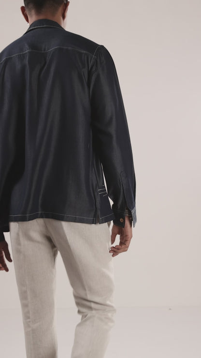 Dark Blue Denim Urban Nomad Zipper Patchwork Shacket