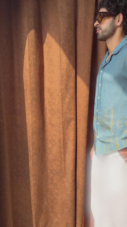 Dark Blue Ecoprint Cuban Collar Shirt