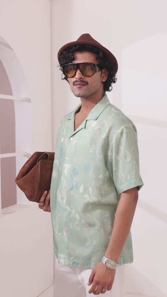 Mint Green Linen Tencel Abstract Ecoprint Cuban Collar Shirt