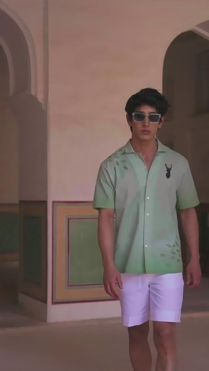 Green Embroidered Cuban Collar Shirt Deer