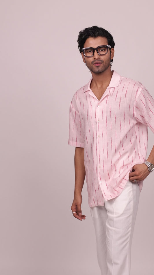 Pink Ikat Cuban Collar Shirt