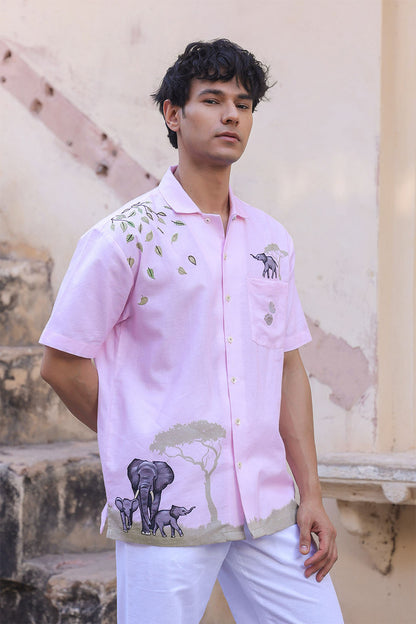 Pink Embroidered Cuban Collar Shirt Elephant