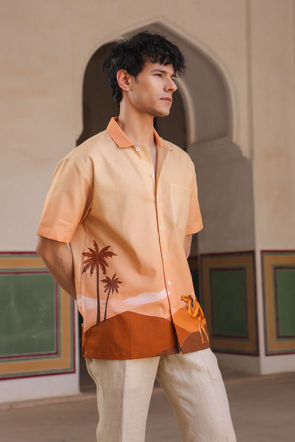 Mustard Embroidered Cuban Collar Shirt Camel