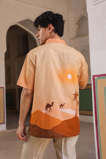 Mustard Embroidered Cuban Collar Shirt Camel