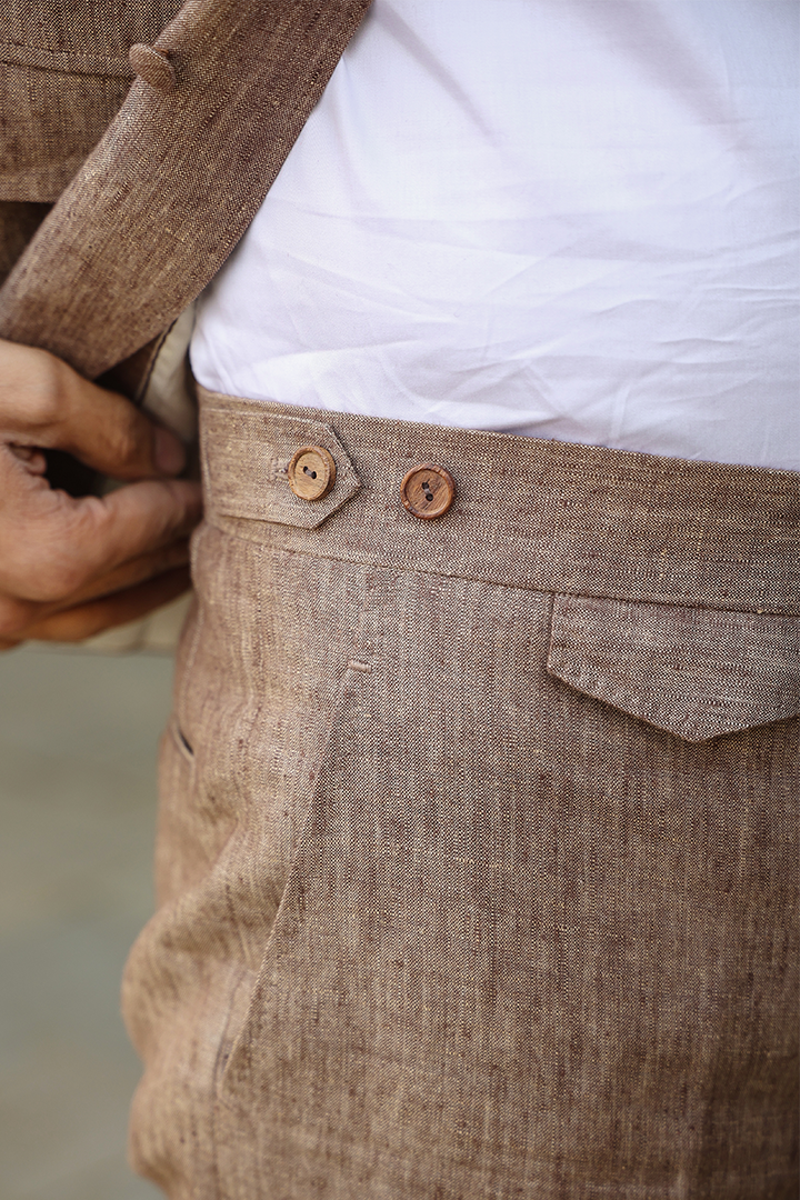 Brown Flap Button Bottom Linen Pants