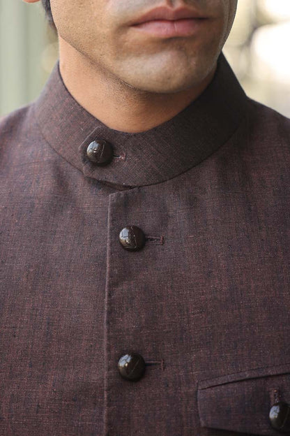 Brown Buttoned Collar Bandi Set