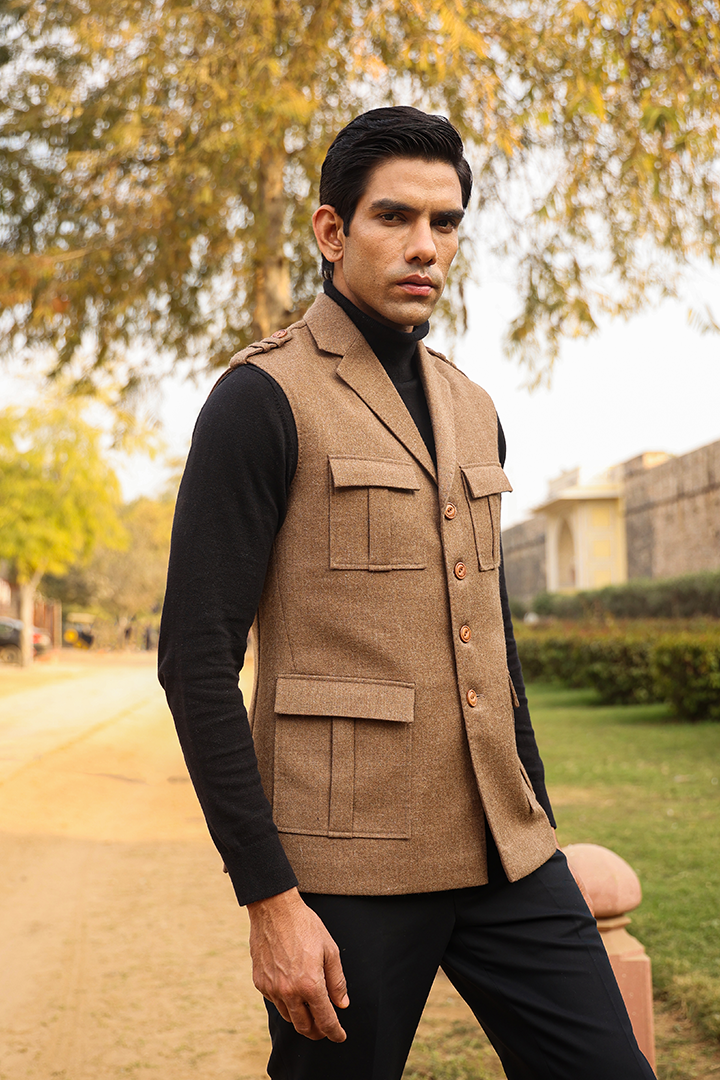 Beige Notch Lapel Merino Wool Half Jacket